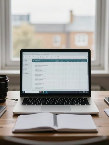 Straight-on eye-level view of an organized desk in London, a clean laptop displaying a spreadsheet, a notebook with clear tasks, bright neutral overcast light from a window.