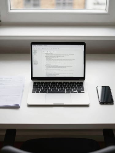 A clean, organized London workspace with a laptop, formatted documents, and a smartphone on a white desk, bright overcast daylight, straight-on framing.
