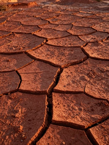 Extreme macro close-up of cracked red clay earth in the Utah desert, dramatic low-angle golden hour light casting deep shadows across the organic fissures.