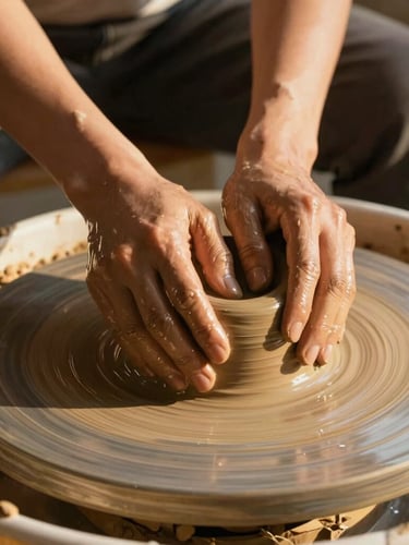 Low-angle close-up of hands pressing wet clay on a wooden wheel, warm golden hour light casting long shadows, raw texture.