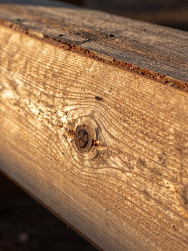 Extreme close-up of rough-sawn Utah pine timber, deep natural grain, low-angle golden hour light casting long shadows.