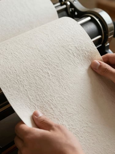 Hands of an artisan pressing heavy, textured cotton paper stock onto a vintage letterpress machine, warm natural light highlighting the deep paper grain.