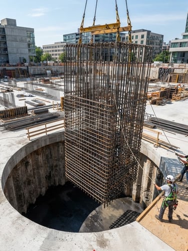 Crisp architectural photography of a clean, organized construction site, steel reinforcement bars of a foundation cage being lowered, bright daylight, technical precision