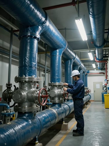 Wide interior shot of a commercial mechanical room, dense chilled water piping runs in dark blue insulation wrapping overhead, a technician in a hard hat adjusting a valve manifold under cool fluorescent facility lighting, pipes extending deep into background