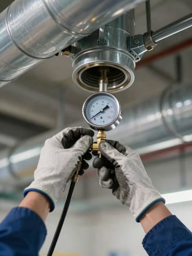 Close-up overhead framing of a technician's gloved hands attaching a digital pressure gauge to a duct test port in a large commercial ceiling space, metal ductwork visible in sharp focus, neutral facility lighting, no shadows