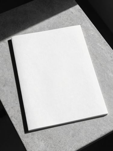 A single blank sheet of heavy textured paper lying flat on a minimalist concrete table, direct harsh sunlight casting a sharp geometric shadow, high-contrast monochrome