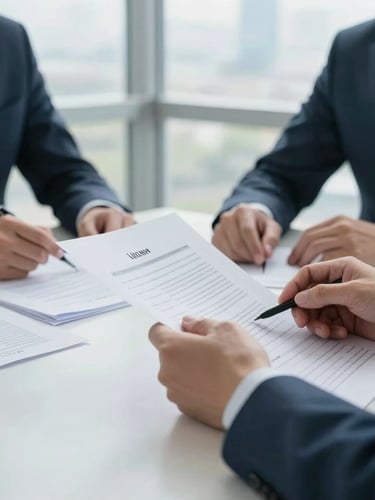 Close-up of professional hands in a bright boardroom reviewing physical financial documents, natural daylight filtered through large windows, sharp focus.