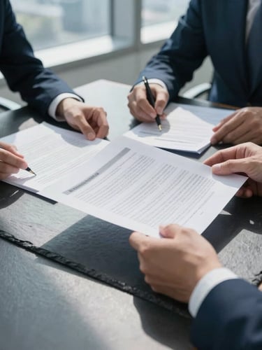 Close-up of professional hands reviewing physical financial documents on a dark slate boardroom table, dramatic daylight from a side window, high-end corporate atmosphere