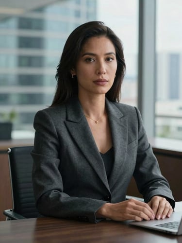 Close medium shot of a composed Latina executive in a tailored charcoal blazer, seated at a polished desk in a Miami high-rise office, soft natural window light from the right, confident direct gaze, hands resting on desk surface, architectural city view softly blurred behind her