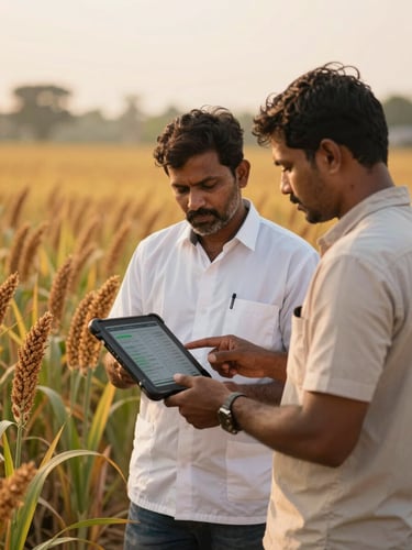 An environmental engineer and a local farmer reviewing soil moisture data on a rugged tablet screen in a sunlit millet field in Karnataka, India, warm golden-hour light, shallow depth of field, authentic agricultural setting, 35mm photography