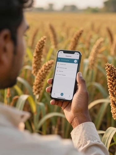 Over-the-shoulder shot of an Indian agronomist holding a mobile device displaying a clean dashboard in a sunlit millet field, golden-hour natural light, 35mm