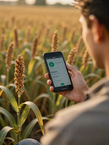 Over-the-shoulder shot of an agronomist using a mobile dashboard in a golden-hour millet field, warm natural lighting, shallow depth of field, 35mm