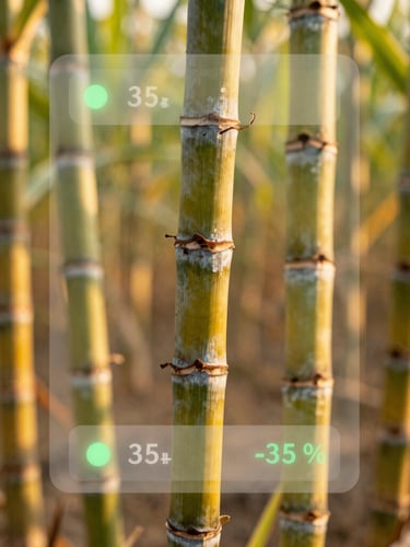 A close-up of healthy sugarcane stalks in Maharashtra with a subtle translucent digital UI overlay showing soil moisture percentages, warm golden-hour sunlight, shallow depth of field, 35mm.