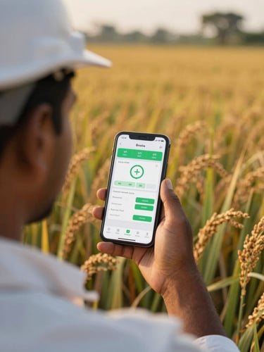 Over-the-shoulder shot of an engineer in a golden-hour Karnataka ragi field, showing a clean mobile dashboard interface with green data overlays, shallow depth of field, 35mm.