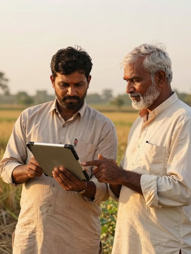 A developer and a local farmer standing together in a sun-drenched agricultural field in India, looking at a rugged tablet device, warm golden-hour lighting, authentic, 35mm.