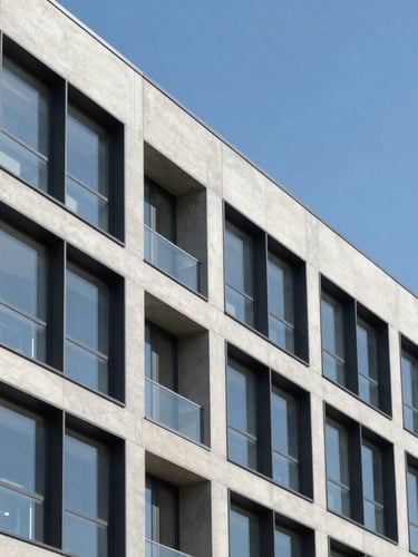 Architectural photography of a modern concrete and steel building facade against a clear blue sky, sharp daylight, clean geometric lines, professional corporate blue and gray tones