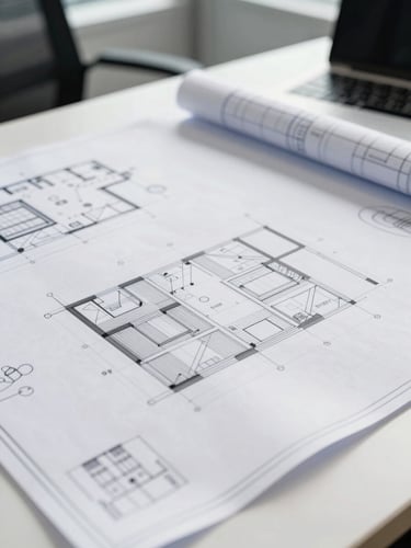 Close-up of technical architectural drawings and engineering blueprints on a professional office desk, bright natural daylight, clean corporate environment
