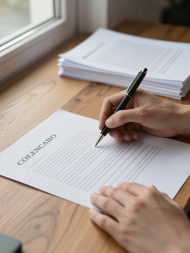 Close-up of hands carefully reviewing a printed contract on a wooden desk, natural window light from the left, a neat stack of sealed documents visible in the background, no faces shown, clean and precise atmosphere