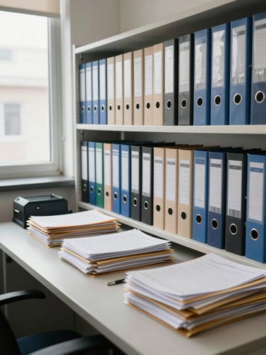 Wide environmental shot of an organized accounting office, neat binders and documents arranged on shelves, natural daylight entering from a side window, clean desk surface with orderly file folders, no people visible