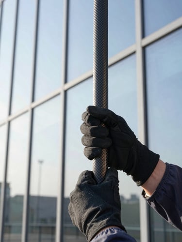 Close-up of a technician's gloved hands operating a carbon-fiber pole against a modern glass facade, bright morning light, focus on the equipment and clean glass.