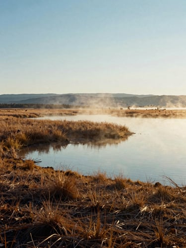 Wide landscape view of planned Utah wetland plot at early morning golden hour, mist rising from the water, 35mm film look