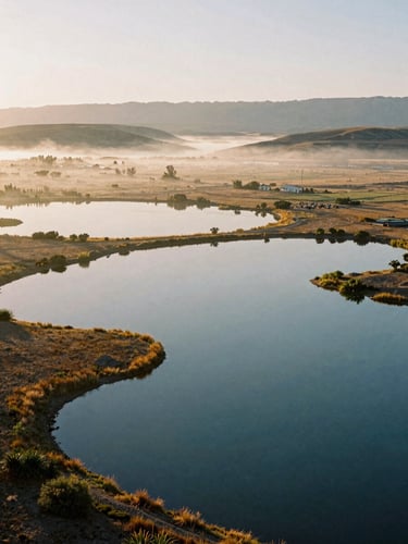 Aerial view of a planned Utah wetland habitat at early morning golden hour, water reflecting soft mist, natural documentary photography look.