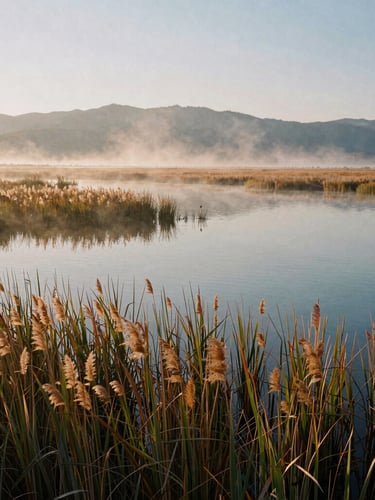 A wide landscape shot of a Utah wetland at dawn, early morning mist rising from the water, native reeds in the foreground, 35mm film look.