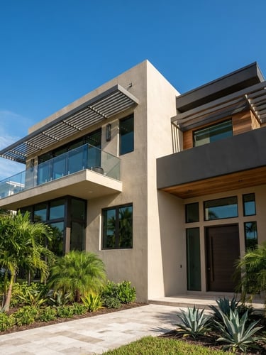 Low-angle architectural photography of a luxury modern Florida estate with pristine sand-finish stucco, bright natural sunlight casting sharp geometric shadows.