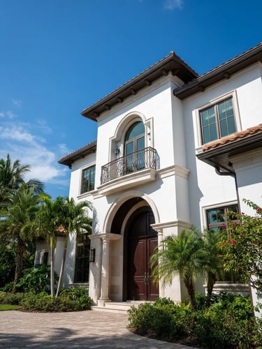 Low-angle architectural photography of a luxury Florida estate with pristine white stucco walls, sharp shadows, bright natural sunlight, 35mm lens