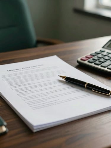 A professional close-up of legal documents, a fine pen, and a calculator on a dark wooden desk, soft natural overcast daylight, deep forest green tones, highly corporate.