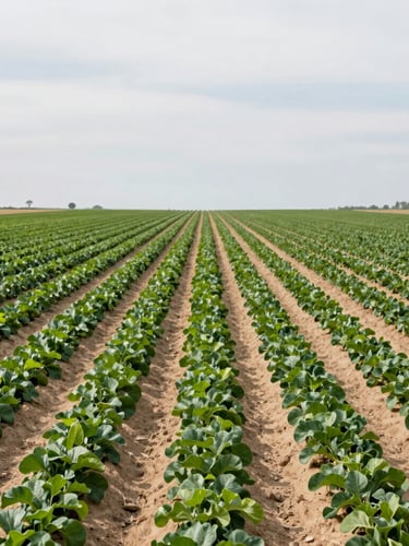 A wide shot of a modern agricultural field with neat green rows under a soft overcast sky, clean and organized corporate agricultural setting.