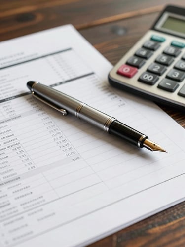 Close-up of financial spreadsheets, a high-end fountain pen, and a calculator on a dark rustic wooden desk, soft side lighting, professional legal setting