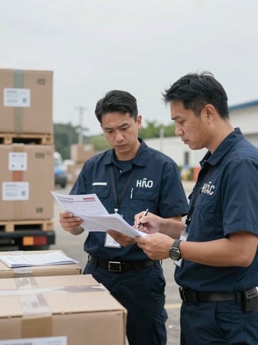 A medium-wide environmental shot of two medical logistics officers reviewing shipping manifests next to cargo crates, soft natural overcast daylight, clean desaturated cool tones.