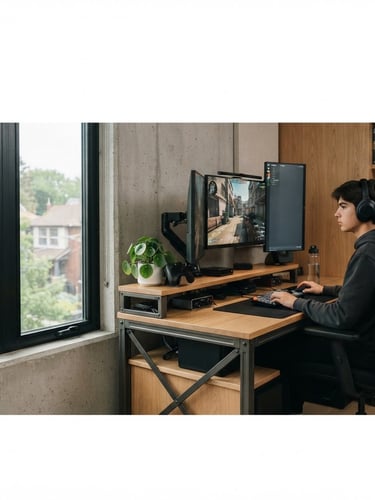 teenager focused on a gaming setup with multiple monitors, integrated into a modular, steel-reinforced desk system, warm oak and charcoal tones, natural window light, architectural framing, right third of a wide panoramic frame, expansive negative space to the left