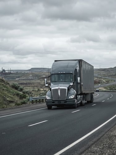 Branded commercial transport truck on a clear regional highway, crisp overcast daylight, desaturated industrial tones, sharp focus, 35mm lens, with expansive sky and road visible.