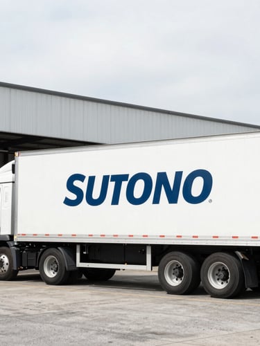 Branded commercial transport truck parked at a modern logistics hub in Raleigh, NC, under crisp overcast daylight, desaturated industrial tones, sharp focus, 35mm lens, showing the side of the truck with branding.