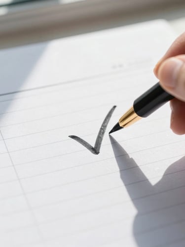 Tight macro shot of a hand marking a bold black ink checkmark in a clean paper planner, bright morning light casting sharp shadows, 35mm photography