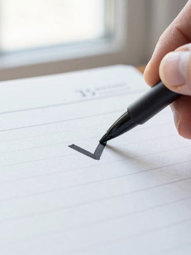 Macro shot of a hand marking a bold black checkmark in a clean analog planner, bright morning window light, high-contrast cool tones, sharp focus, 35mm