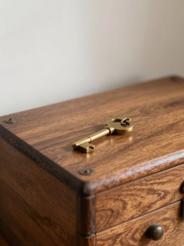 Elegant close-up of a sunlit vintage wooden chest with a brass key, warm editorial photography, soft natural daylight, shallow depth of field.