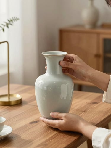 Elegant close-up of hands carefully inspecting a vintage ceramic vase in a sunlit room, warm wood tones, soft natural daylight, shallow depth of field