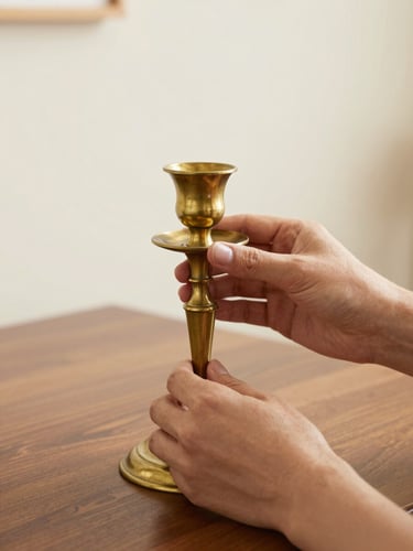 Close-up of hands polishing a vintage brass candlestick, warm editorial lighting, soft focus background.