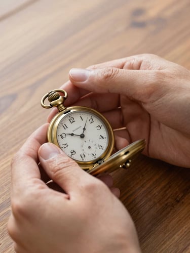 Close-up of hands carefully inspecting an antique brass pocket watch, warm editorial photography, soft natural daylight, rich wood background, shallow depth of field.