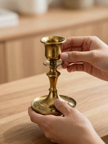 Close-up of hands carefully inspecting a vintage brass candlestick in warm natural daylight, soft focus, elegant wood background