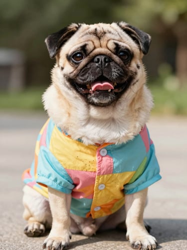 A cheerful pug wearing a colorful custom-fit summer shirt, sitting happily in bright natural daylight, shallow depth of field, 50mm portrait