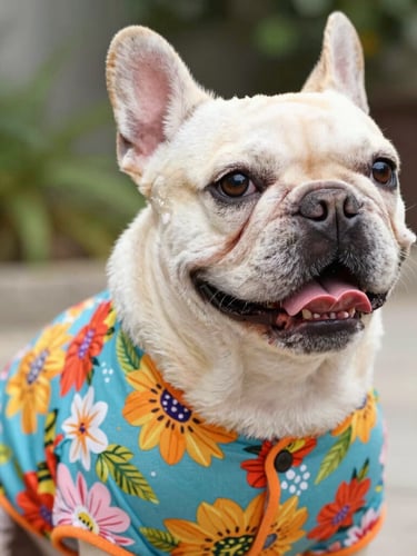 Close-up of a happy French Bulldog wearing a colorful, perfectly fitted custom floral shirt, bright natural daylight, joyful pet photography