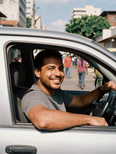 Portrait of a smiling Brazilian male driver in his car, looking at the camera, warm natural sunlight, authentic, 35mm