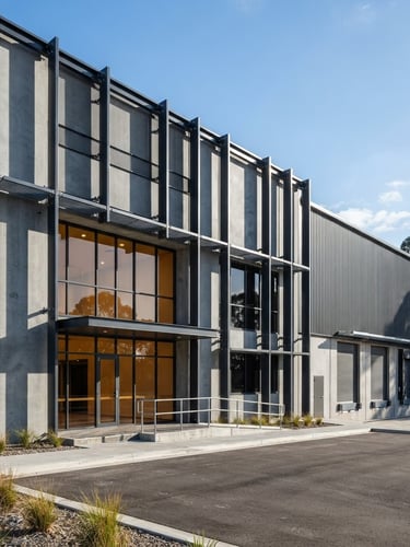 Architectural commercial photography of a modern concrete and steel industrial warehouse facade, crisp natural daylight, deep navy shadows, sharp focus