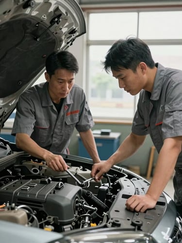 Environmental shot of two mechanics in clean grey uniforms discussing a tool over an open engine bay, natural light pouring through workshop windows.