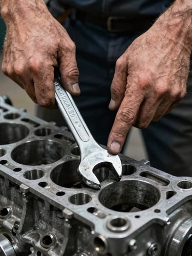 Tight macro portrait of a mechanic's grease-stained hands holding a heavy steel wrench over a clean engine block, high contrast, cool natural workshop lighting.
