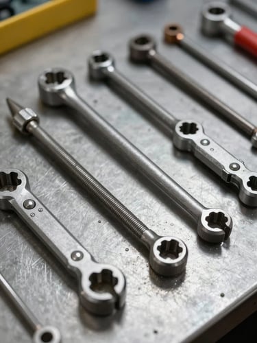 Tight macro shot of mechanical tools arranged neatly on a clean steel workbench, natural workshop lighting